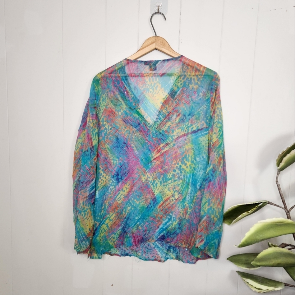 100% Silk DStudio Sheer Tunic Swim Cover-Up Top Boho Bohemian Summer Beaded - Picture 5 of 9